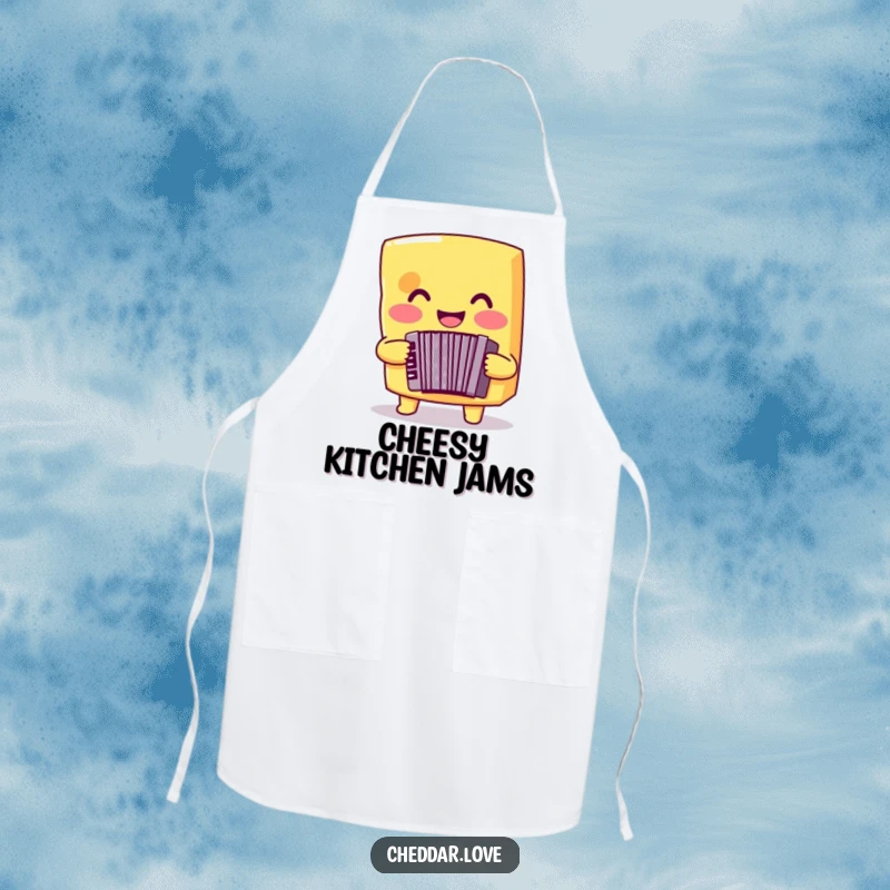 Funny cheese apron depicting a smiling cheddar cheese playing an accordion, perfect for musical-themed cooking.