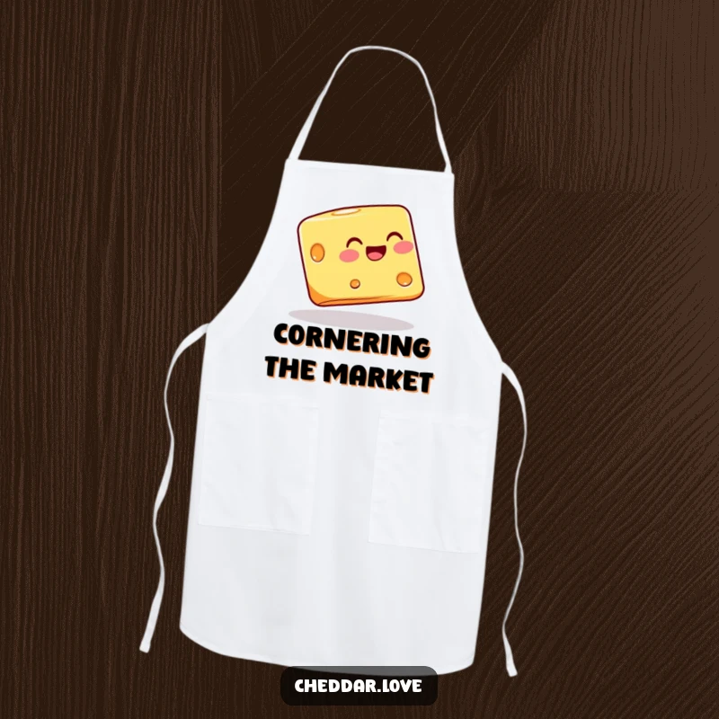 Funny cheese block balancing on its corner with joy, on an apron, for chefs who appreciate humorous stability.