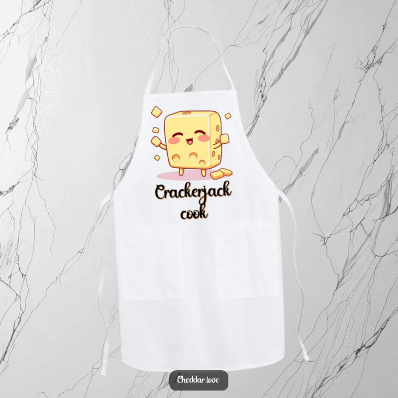 Funny Apron: A winking cheese cube juggles small crackers, adding a playful and humorous touch to kitchen wear.