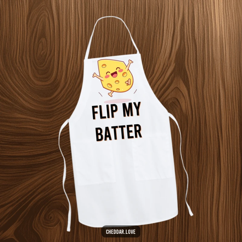 Funny Cheddar Cheese Apron showing a piece doing a cartwheel with pure joy, perfect for kitchen fun.