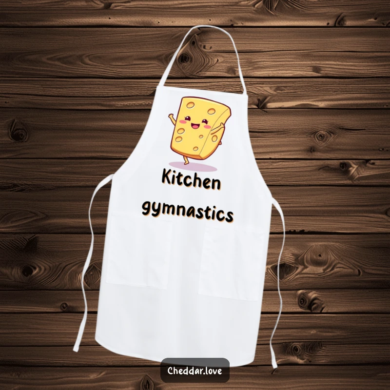 Funny cheese apron, a happy cheese slice doing a dynamic cartwheel, perfect for adding fun to cooking.