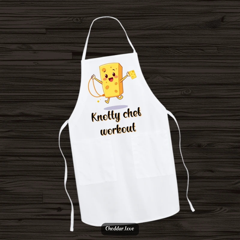 Funny Cheddar Cheese Apron: A happy cartoon cheese character jumping rope with a cheese strand, ready for kitchen adventures.