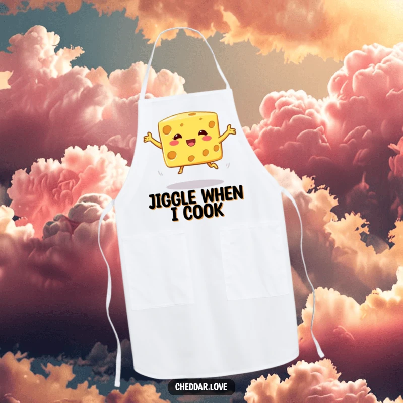 Funny Apron: A cheese cube mid-wobbly jump, bringing playful energy and humor to your cooking experience.