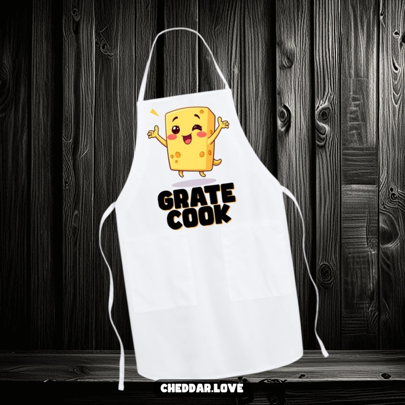 Funny cheese apron featuring a grinning piece of cheddar cheese doing a triumphant dance, ideal for cooks who enjoy humorous kitchen wear.