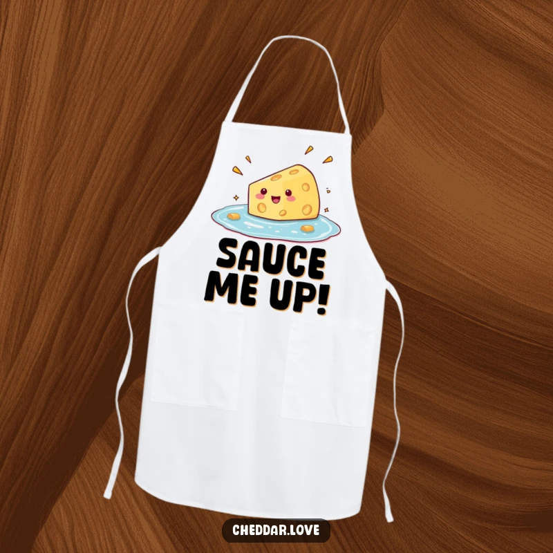Funny apron showcasing a cheese wedge comically diving into a pool of glee, ideal for messy kitchen adventures.