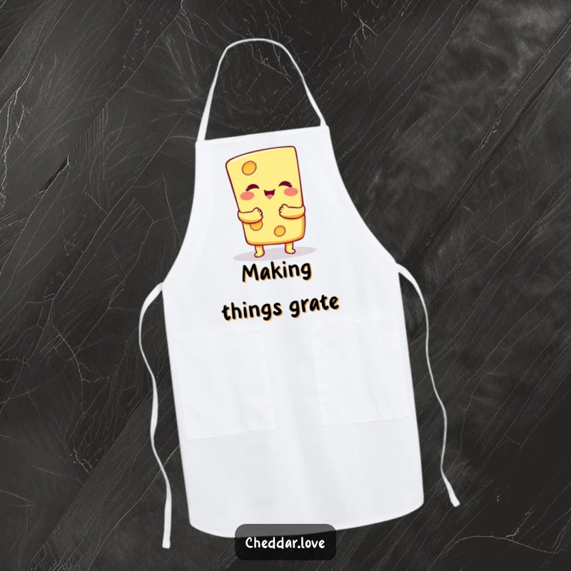 Funny Apron: A happy cheese slice offers a warm, cheesy hug, adding a funny, culinary touch to kitchen wear.