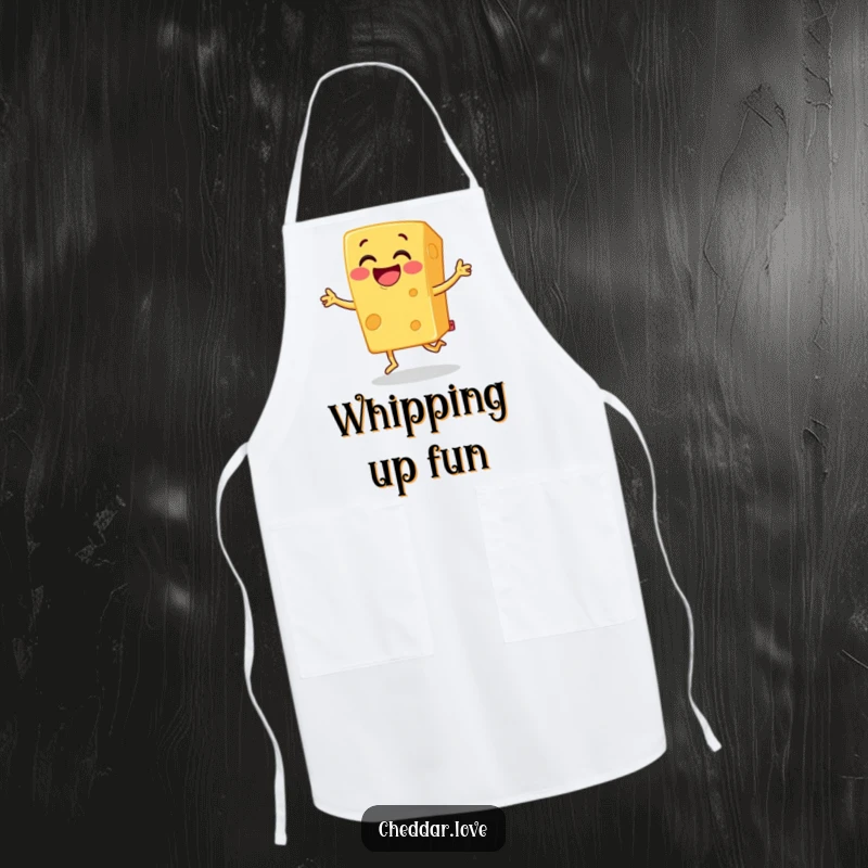Funny cheddar cheese apron, a block of grinning cheese doing a joyful jig, ideal for culinary fun and happy cooking.