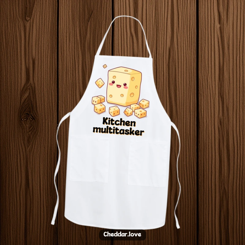 Funny apron with a cheese block juggling smaller cheese cubes, a humorous kitchen accessory for chefs.