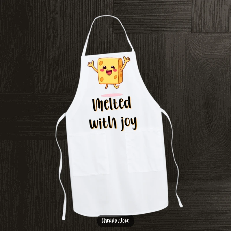 Funny smiley block of cheddar cheese doing a joyful jump on this humorous and practical apron.