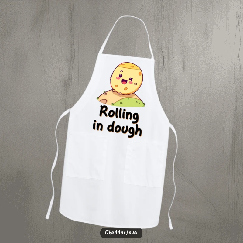 Funny cheese wheel apron with a joyful rolling expression, bringing humor and dairy delight to any kitchen activity.