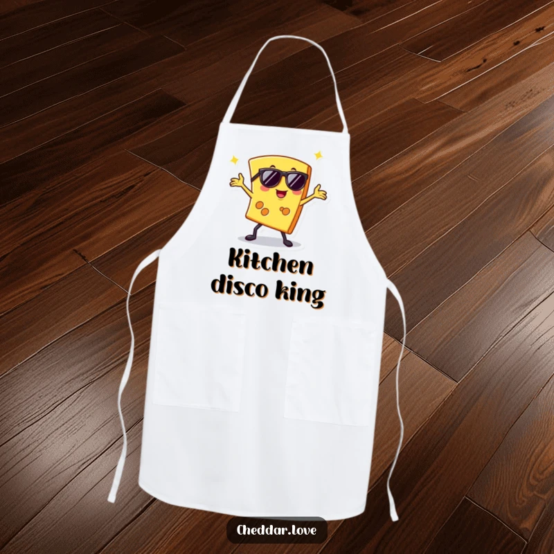 Funny apron featuring a slice of cheese in sunglasses doing a disco pose, adding humor to kitchen tasks.