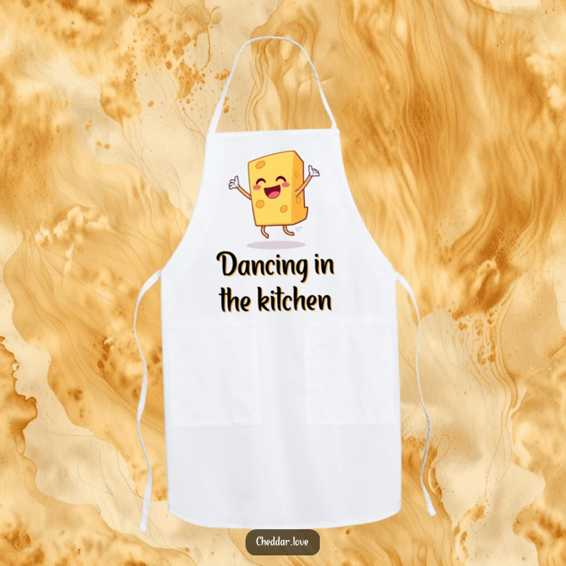 Funny grinning cheddar cheese slice dancing triumphantly, a humorous and practical apron.