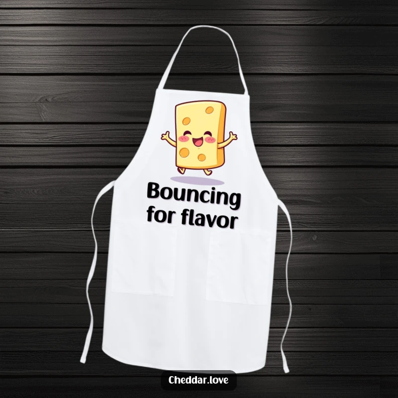 Funny cheerful cheese slice apron, doing a little hop, ready to inspire delicious meals with cheesy excitement.