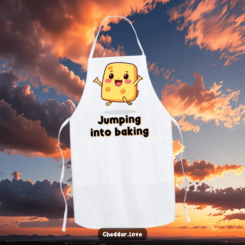 Funny Apron depicting an excited piece of cheese with legs, jumping with unbridled enthusiasm in the kitchen.