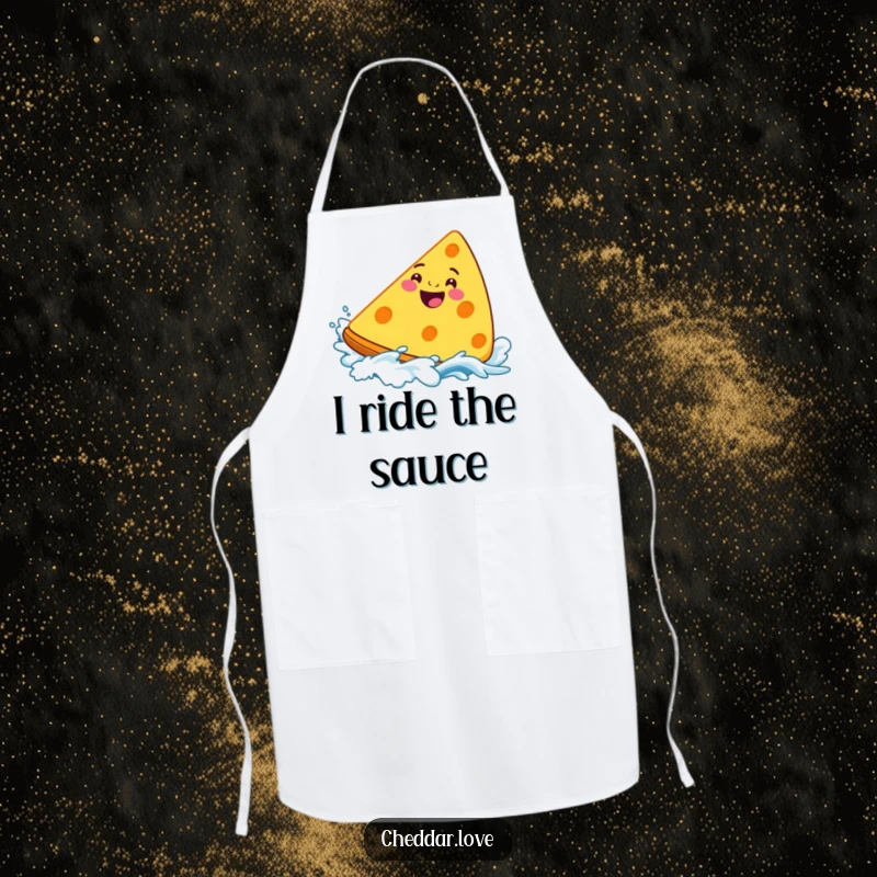 Funny Cheddar Cheese Apron showing a grinning wedge surfing a cheesy wave, perfect for kitchen adventures.
