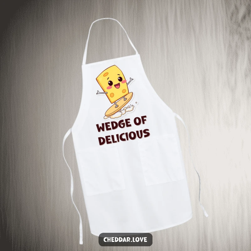 Funny Apron: A cheese wedge joyfully surfs on a potato chip, bringing a funny, snack-themed element to kitchen wear.