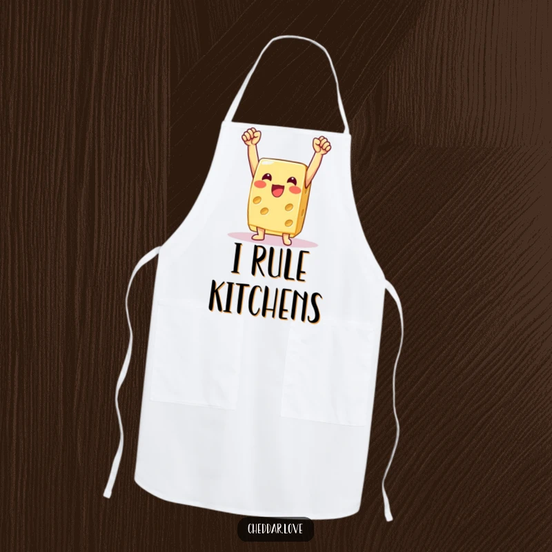 Funny cheese apron, a piece of cheese with arms raised in a victorious pose, ready to cook up a storm.