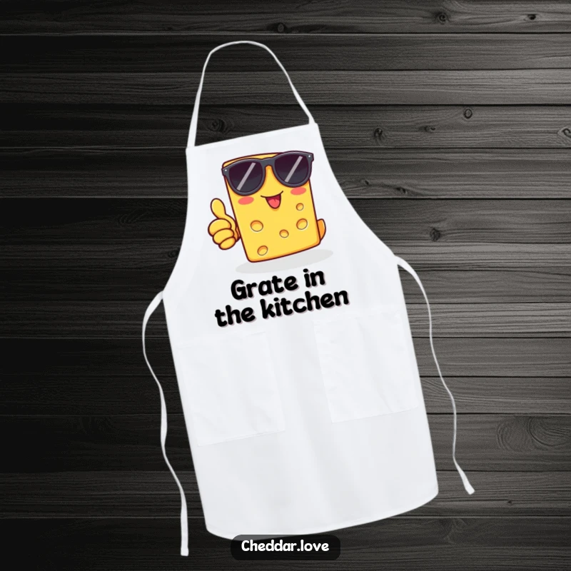 Funny cheddar cheese slice wearing sunglasses, thumbs-up, on an apron, perfect for humorous cooking sessions.