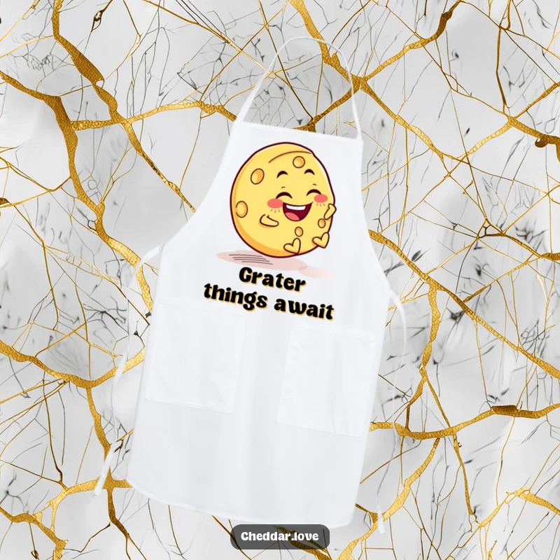 Funny apron with a cheese wheel rolling downhill with a mischievous grin, designed for kitchen protection.