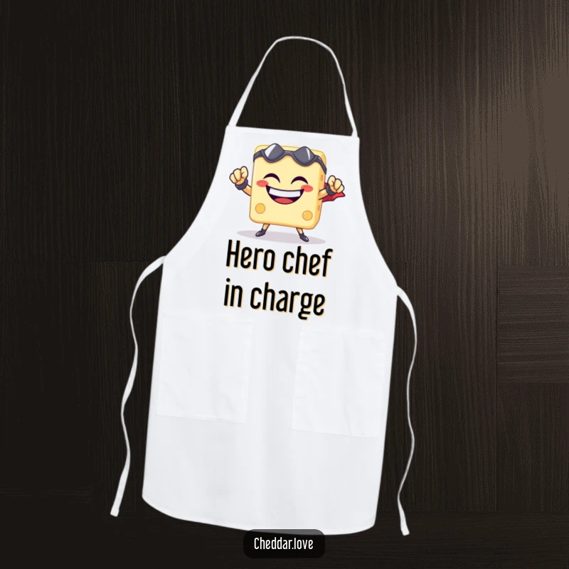 Funny cheese cube superhero apron, grinning and ready to cook, protecting the wearer with cheesy culinary might.