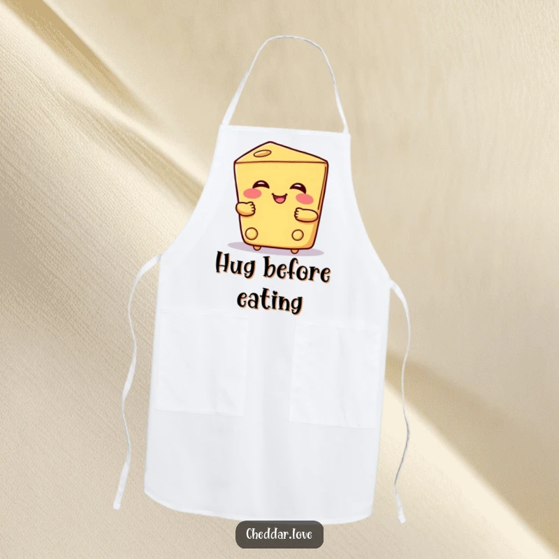 Funny apron showcasing a smiling cheese wedge giving a warm hug, a cheerful and useful accessory for any kitchen.