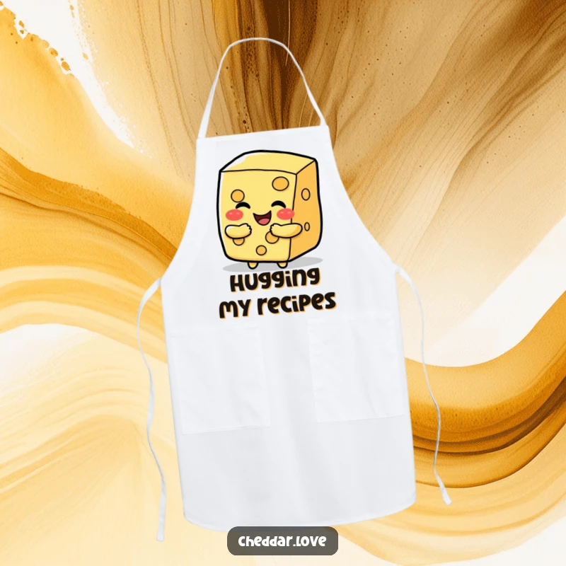 Funny happy cheese slice character offering a cheesy hug, a humorous and practical apron.