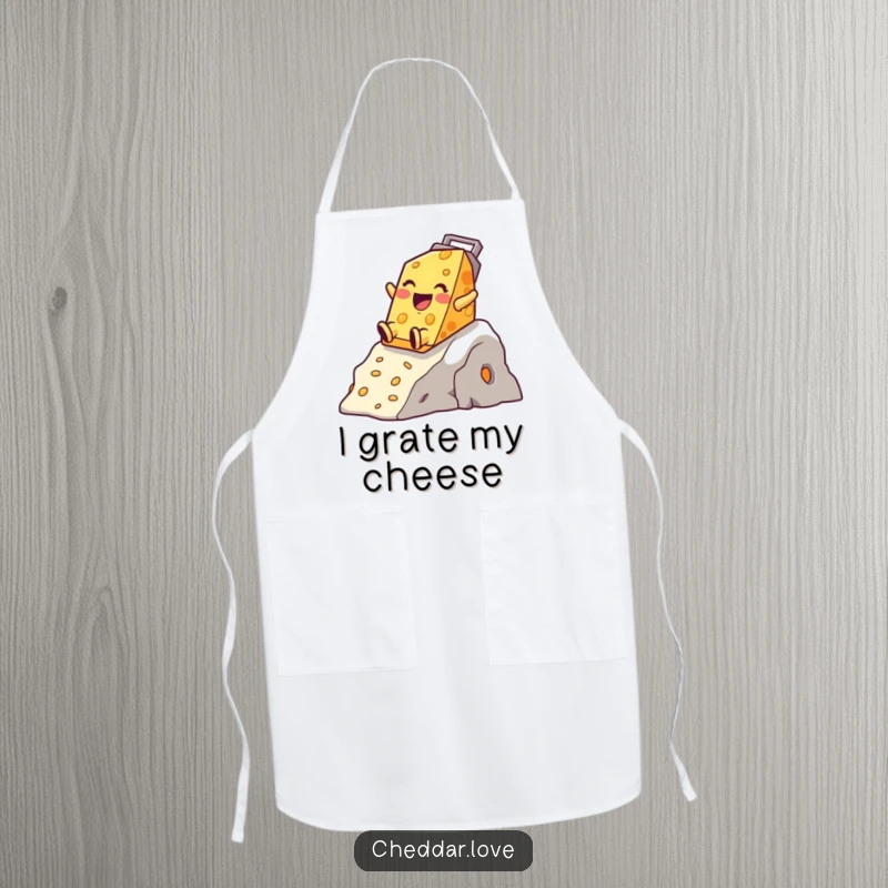 Funny Cheddar Cheese Apron showing a happy character sliding down a cheese grater mountain, perfect for kitchen fun.