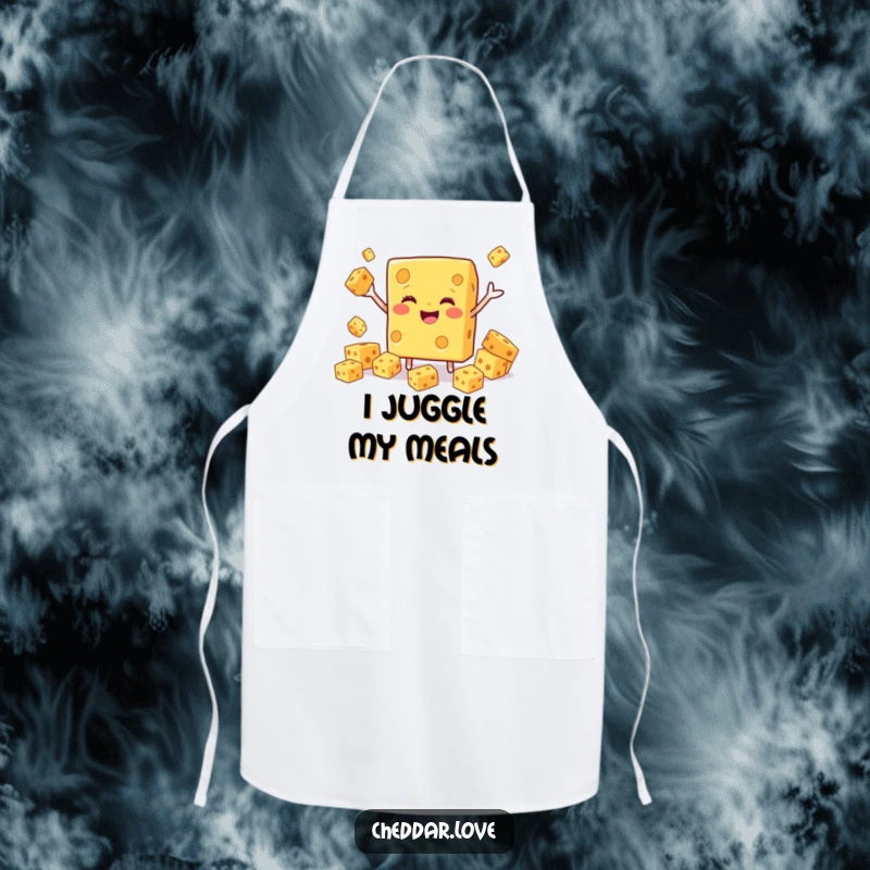 Funny Cheddar Cheese Apron displaying a smiling block skillfully juggling cheese cubes, perfect for culinary fun.