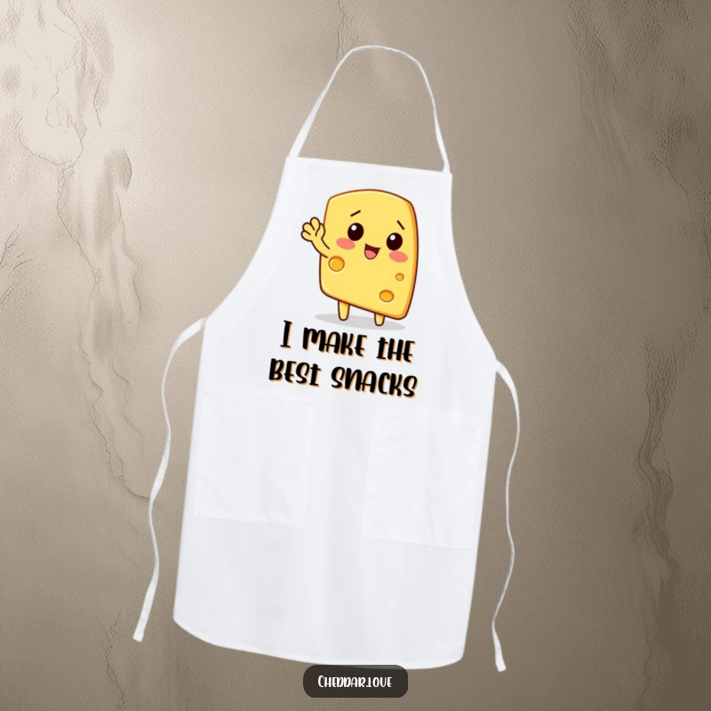 Funny apron: A cheerful wedge of cheese waves enthusiastically, a humorous and practical kitchen accessory.