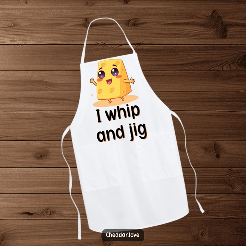 Funny Cheddar Cheese Apron showing a googly-eyed wedge doing an energetic jig, ideal for kitchen fun.
