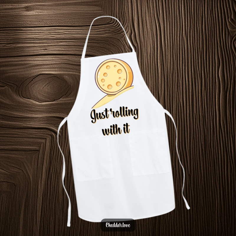 Funny apron showcasing a happy cheese wheel rolling along, perfect for adding humor to kitchen activities and protecting clothes.