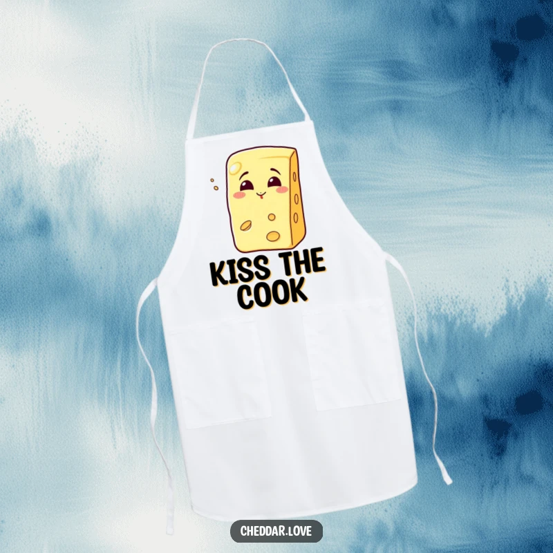 Funny grinning cheese wedge blowing a kiss, an apron for culinary charm.