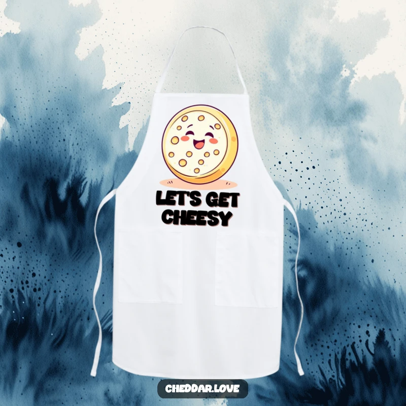 Funny happy cheese wheel rolling downhill with pure delight, a humorous apron for kitchen foodies.