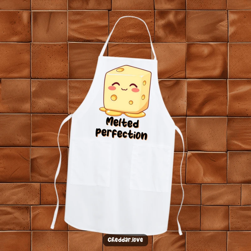 Funny block of cheese with eyes closed, happily melting, on a humorous cheese apron, a great gift.