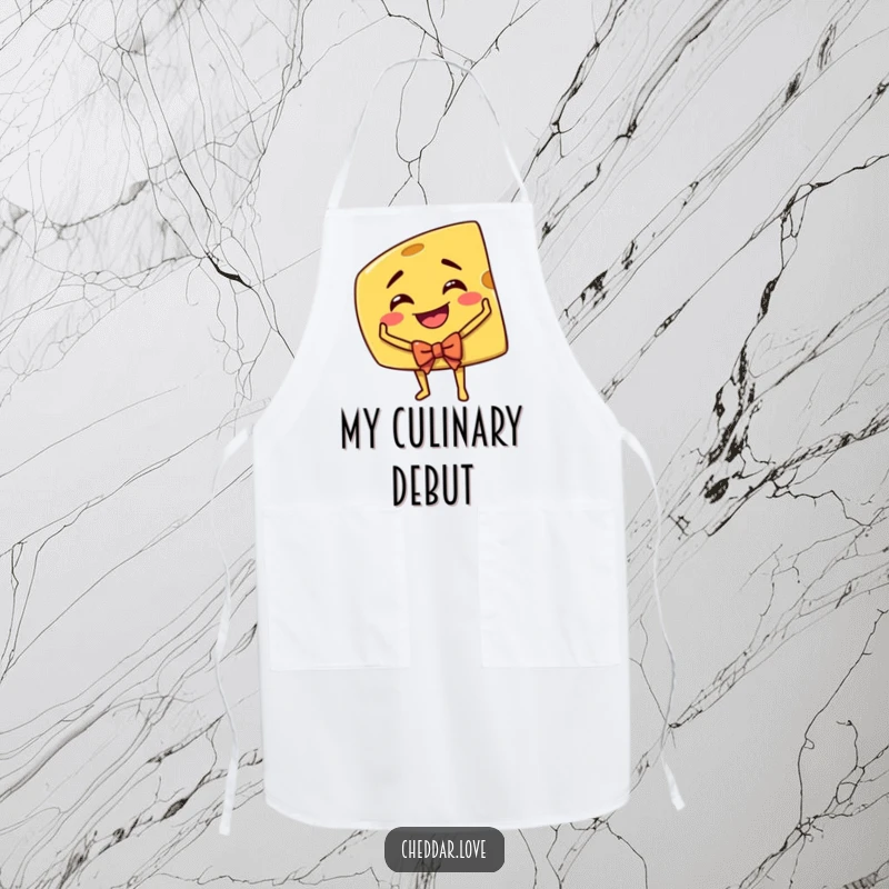 Funny Cheddar Cheese Apron: A grinning wedge of cheddar cheese taking a theatrical bow, ready for kitchen performances.