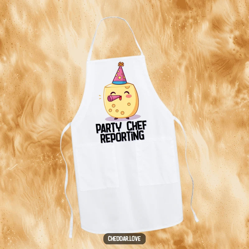 Funny apron with a cheese wheel wearing a party hat and blowing a noisemaker, ready for kitchen fun. A great funny gift.