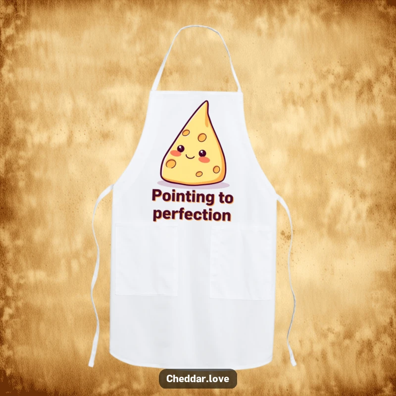 Funny smiling cheese wedge apron, pointing upwards, ready to inspire delicious dishes and culinary success.
