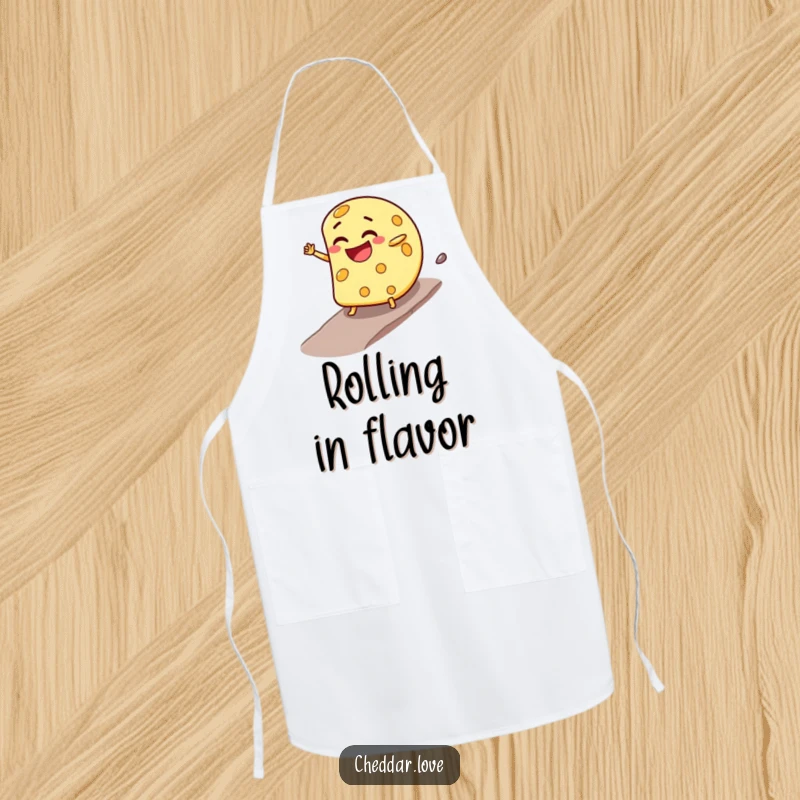 Funny Apron: A cheese wheel with a mischievous grin rolls downhill, adding a playful and humorous touch to kitchen wear.