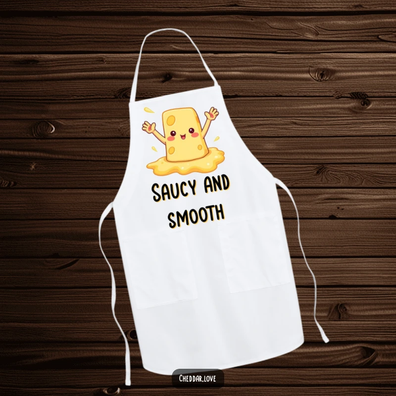 Funny apron featuring a melted cheese puddle waving enthusiastically, adding humor to kitchen tasks.