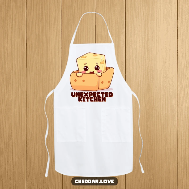 Funny apron showing a curious cheese cube peeking from behind a giant cracker, with an expression of comical surprise and foodie joy.