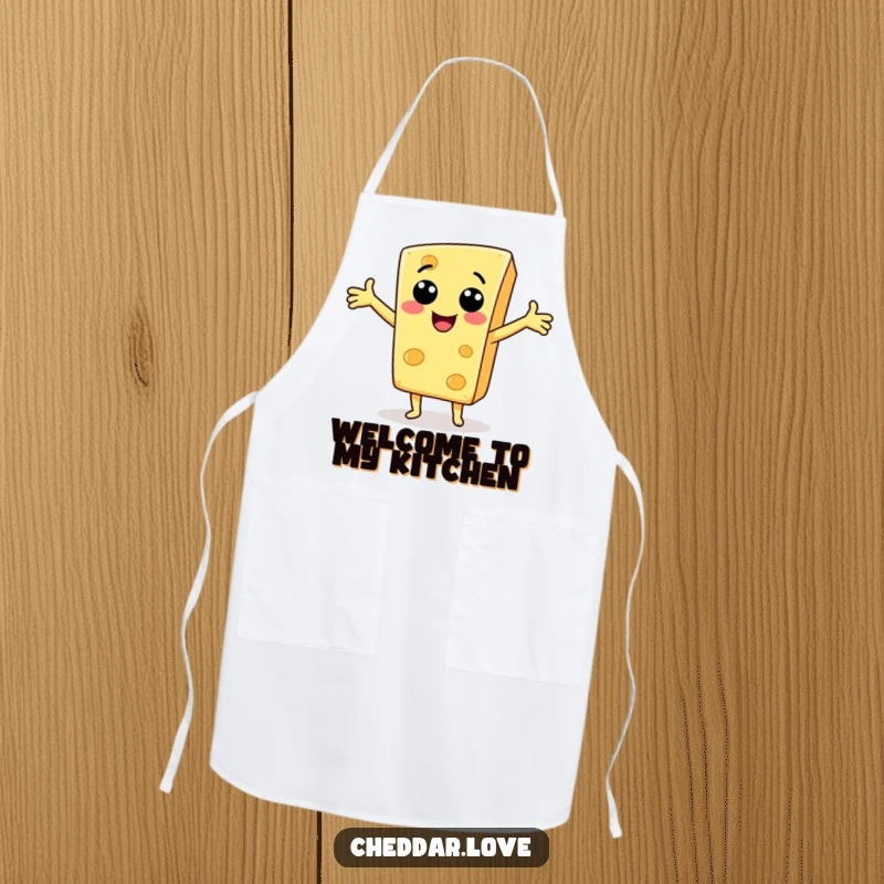 Funny Apron: A smiling cheese slice with arms outstretched, bringing a friendly and humorous welcome to your kitchen.