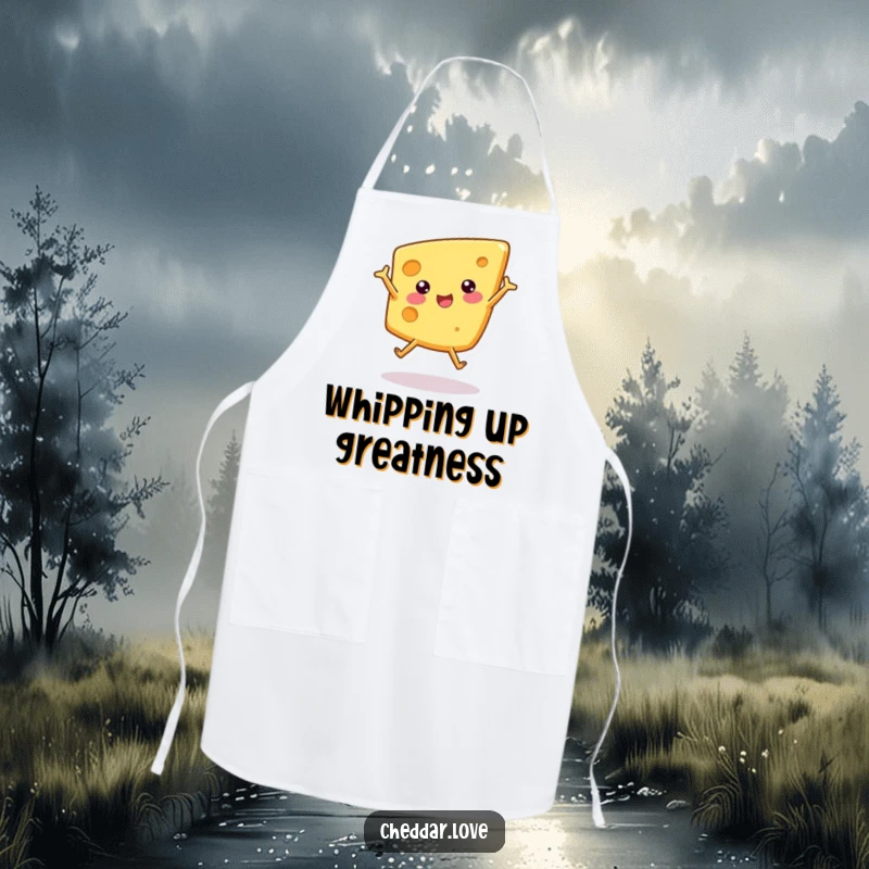 Funny apron featuring a happy wedge of cheese performing a cartwheel, making kitchen tasks more amusing.