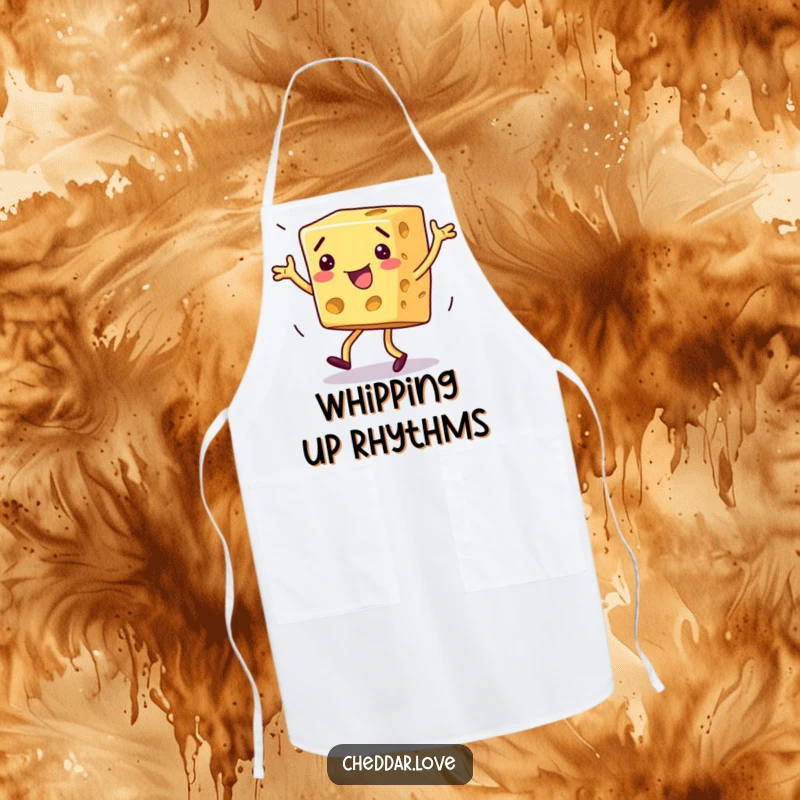 Funny dancing cheese apron, a block of cheese doing a silly dance while protecting kitchen attire with joy.