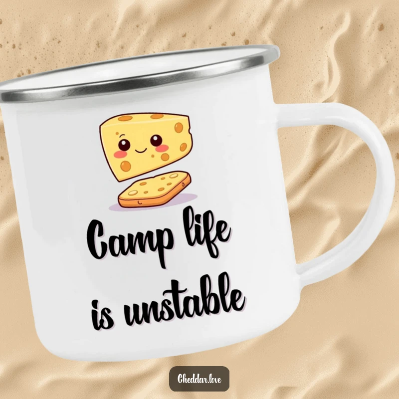 Funny camping mug with a happy cheese slice character balancing on a cracker, perfect for snack-loving outdoor enthusiasts.