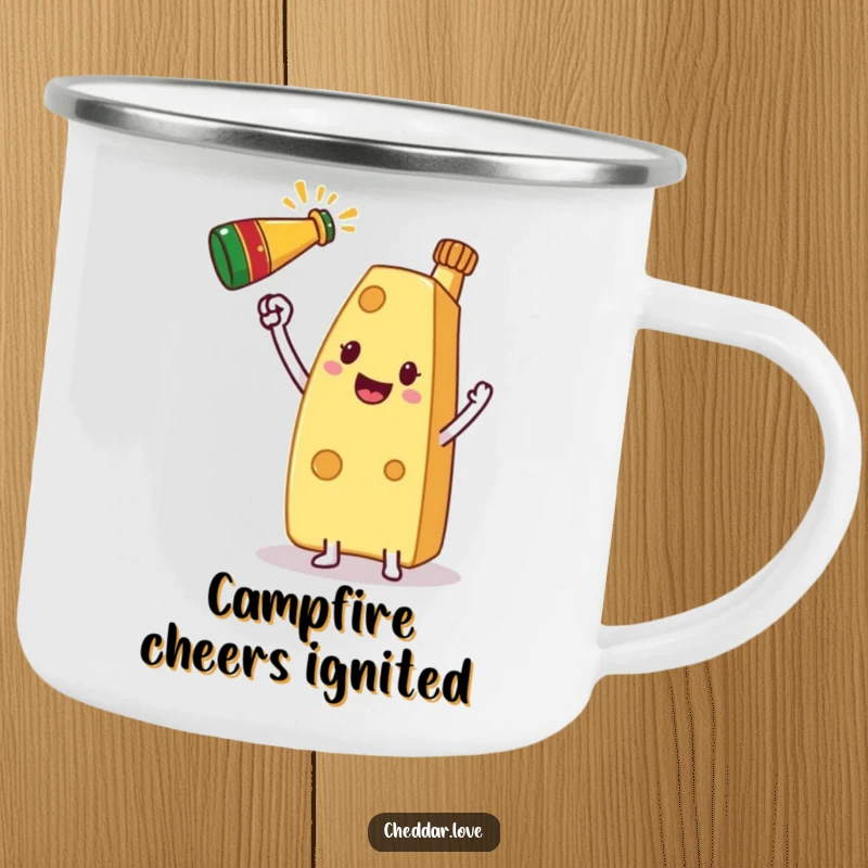 Funny Camping Mug depicting a slice of cheese raising a champagne bottle, celebrating adventures outdoors.