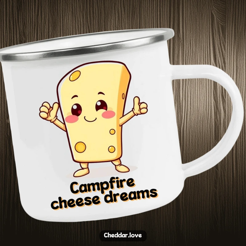 Funny camping mug with a happy cheese character striking a heroic pose, ideal for outdoor fun and comical heroism.