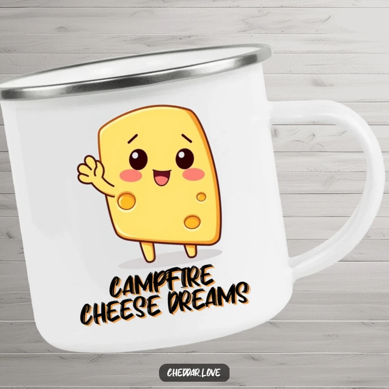 Funny camping mug: A wedge of cheese waves enthusiastically during an outdoor adventure.
