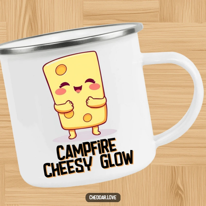 Funny Camping Mug: A smiling cheese slice offers a warm, cheesy hug, perfect for enjoying drinks by the campfire.