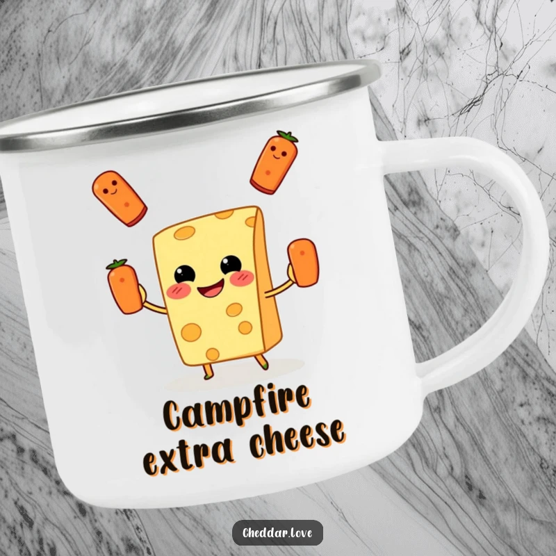 Funny Camping Mug: A grinning cheese slice juggles pepperoni, designed for outdoor food lovers.