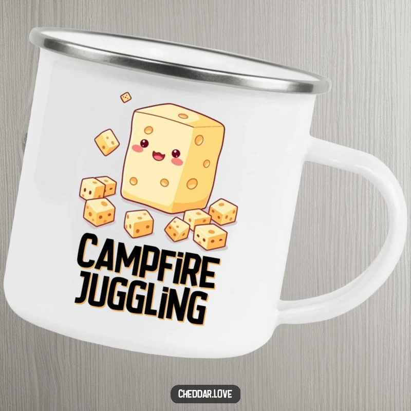 Funny camping mug with a block of cheese juggling smaller cheese cubes, ideal for outdoor enthusiasts who appreciate humor.